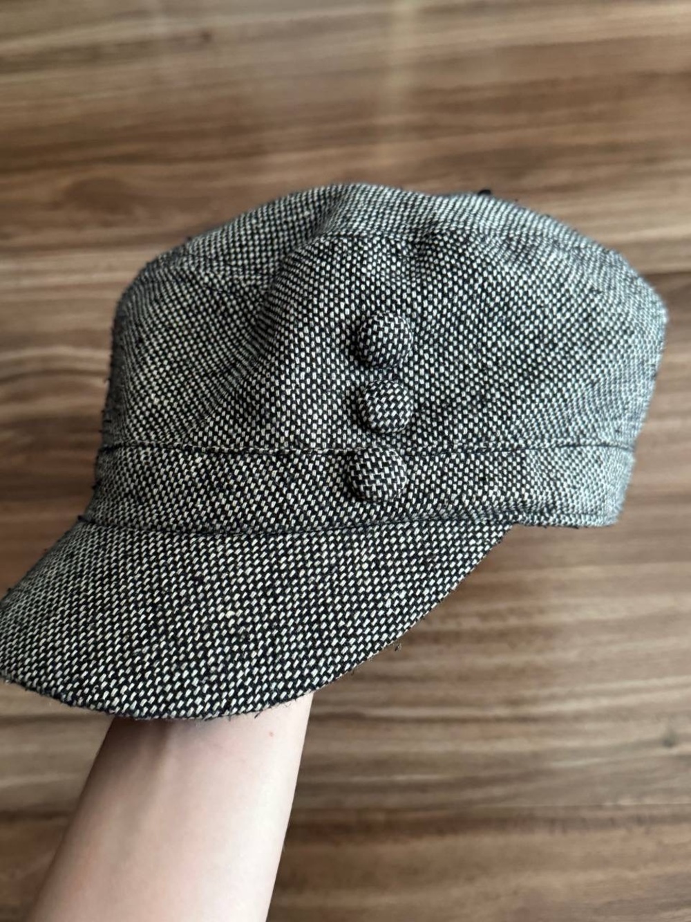 Women's Black & White Tweed Cadet Cap with Button Detail